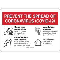 Brady Prevent the Spread of Coronavirus COVID-19 Sign, 10" x 14