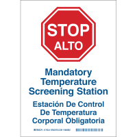 Brady Temperature Screening Bi-lingual (COVID-19) Polyester Sign, 10"H x 7"W, BL/RD