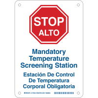 Brady Temperature Screening Bi-lingual (COVID-19) Aluminum Sign, 10"H x 7"W, BL/RD