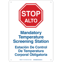 Brady Temperature Screening Bi-lingual (COVID-19) Aluminum Sign, 14"H x 10"W, BL/RD