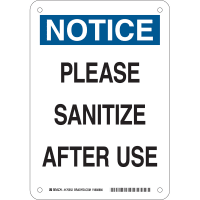 Brady Please Sanitize After Use (COVID-19) Polystyrene Sign, 10"H x 7"W, BL