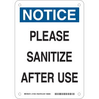 Brady Please Sanitize After Use (COVID-19) Aluminum Sign, 10"H x 7"W, BL