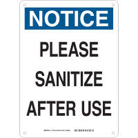 Brady Please Sanitize After Use (COVID-19) Polystyrene Sign, 14"H x 10"W, BL