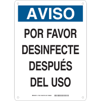 Brady Sanitize After Use Spanish (COVID-19) Polystyrene Sign, 14"H x 10"W, BL