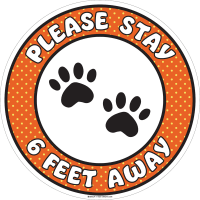 Brady Please Stay 6 Feet Away Kids Paws (COVID-19) Vinyl Floor Sign, 17"Dia, OR/WH