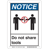 Brady Do Not Share Tools (COVID-19) Polystyrene Sign, 10"H x 7"W, BK/BL/WH