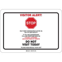 Brady Covid 19 Sign 10X14, Visitor Alert Cv19, Aluminum RD on BK/WH