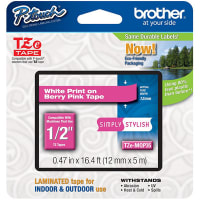 Brother International 0.47in x 26.2 ft (12mm x 8m) White on Berry Pink