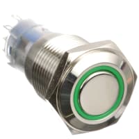 Bulgin Switch, Pushbutton, Ring Illum., Green, DPCO Momentary, 3A, 250VAC, Solder Tag