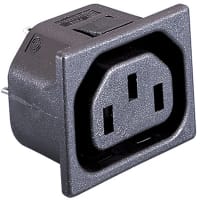 Bulgin IEC Outlet; Snap Fit; 1-3mm Panel Mnt; 2.8mm Solder Tabs; 10A; 250 VAC; Black