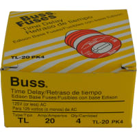 Bussmann by Eaton Fuse, Edison Base Plug, Slow Blow, 125V, 20A, Box of 4 TL-20 Fuses