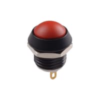 C&K Switch, P/B, Sealed, SPST-NO, OFF-MOM, Red Ext Dome Act, Non-Illum, 125mA, 24VDC, Solder