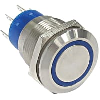 C&K Switch;P/B;Sealed;SPDT-MOM;Flat;Blue 12V LED;Moving Ring;19mm;5A;250VAC;Solder