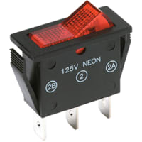 C&K Switch, Rocker, DPST, ON-OFF, Red Translucent Act, 250V Neon, O/I Legend, 15A, 125VAC, QC