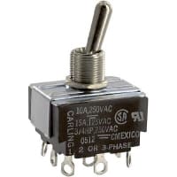 Carling Technologies Switch, Toggle, PCB Mount, 10 A at 250 VAC, 15 A at 125 VAC, 125/250 VAC, 3PDT