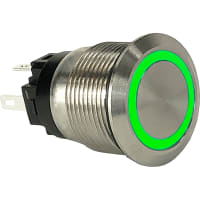 Carling Technologies Pushbutton Switches, SPST, 30A, LED, 19mm Mount, Green, Momentary, AV/AVH Series