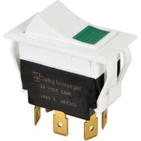 Carling Technologies Switch, rocker, DPST, OnNoneOff, Whrkr, Grnlens, 250VAC/10A, 24Vlamp, ULCSA