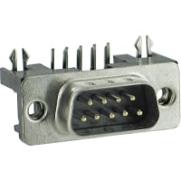 Cinch connector, d-sub, right angle pcb, .318 footprint, 9 pin cont plug w/ground indents