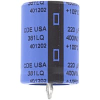 Cornell-Dubilier Capacitor, Al Electrolytic, 220 uF, 400VDC, 450VDC, +/- 20%, J03, Snap-in Mount