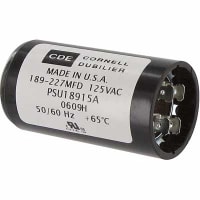 Cornell-Dubilier Capacitor, 189 to 227 uF, 110/125 VAC, 50 to 60 Hz, -40 C, +65 C, 10% (Max.)