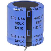 Cornell-Dubilier Capacitor, Al Electrolytic, 4700 uF, 63 WVDC, 79VDC, +/- 20%, K02, Snap-in Mount