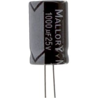 Cornell-Dubilier Capacitor, Al Electrolytic, 1000 uF, 20%, 25 VDC, Radial, ESR 0.18 Ohms, 13x21mm