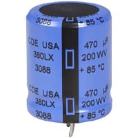 Cornell-Dubilier Capacitor, Al Electrolytic, 470 uF, 200 WVDC, 250 VDC, +/- 20%, J02, -40 C