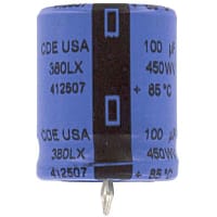 Cornell-Dubilier Capacitor, Al Electrolytic, 100uF, 20%, 450VDC, Snap-In, Radial, 85 C, 25x30mm, 380L/LX