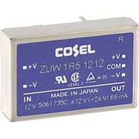 Cosel U.S.A. Inc. DC-DC Converter, 12V, 0.065A, -12V, 0.065A, 9-18V In, Enclosed, Thru Hole, ZU Series