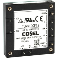 Cosel U.S.A. Inc. Power Supply, AC-DC, 12V, 8.4A, 85-264VIn, Enclosed, Heatsink, Telecom, 101W, TUNS Series