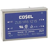 Cosel U.S.A. Inc. DC-DC Converter, 15V, 0.1A, 9-18V In, Enclosed, Thru Hole, Switching, ZU Series