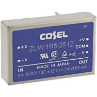 Cosel U.S.A. Inc. DC-DC Converter, 12V, 0.065A, -12V, 0.065A, 4.5-9V In, Enclosed, Thru Hole, ZU Series