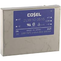 Cosel U.S.A. Inc. DC-DC Converter, 15V, 0.3A, -15V, 0.3A, 4.5-9V In, Enclosed, Thru Hole, ZU Series