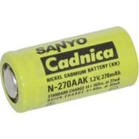 Dantona Industries, Inc. Battery, Rechargeable, 2/3 AA, Nickel-Cadmium, 1.2 VDC, 270mAh, Pressure Contact