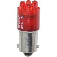 Dialight Lamp, LED, T-3 1/4, Mini Bayonet, Red, 6VDC, 100mA, 1000mcd, 100000 Hrs