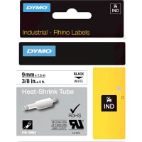 Dymo Heat Shrink Tube Label Cartridge, Blackon White, 3/8"x5', 3:1, RhinoPro Series