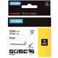 Dymo Label Printer Tape, Vinyl, Black on White, 1/2" x 18 Ft, RhinoPro Series