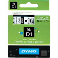 Dymo Label Tape Cartridge, Black on White, Polyester, 1/2" x 23 Ft, D1 Series