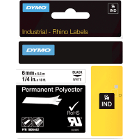 Dymo Label Printer Tape, Polyester, Black on White, 1/4" x 18 Ft, RhinoPro Series