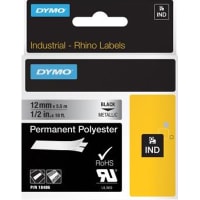 Dymo Label Printer Tape, Polyester, Black on Metallic, 1/2" x 18 Ft, RhinoPro Series