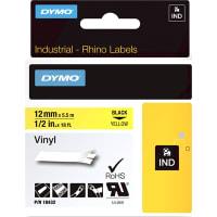 Dymo Label Printer Tape, Vinyl, Black on Yellow, 1/2" x 18 Ft, RhinoPro Series