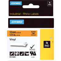 Dymo Label Printer Tape, Vinyl, Black on Orange, 1/2" x 18 Ft, RhinoPro Series