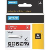 Dymo Label Printer Tape, Vinyl, White on Red, 1/2" x 18 Ft, RhinoPro Series