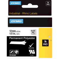 Dymo Label Tape Cartridge, Black on Clear, Permanent Polyester, 1/2"x23Ft, D1 Series