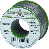 AIM Solder Glowcore 2.5% No Clean Flux Core Solder, SNC100C, 0.032" (0.81mm) Dia, 1Lb (453.6g)