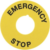 EAO Accessory, E-Stop Legend Plate, EMERGENCY STOP, Plastic, Yellow, D=59mm x 1mm