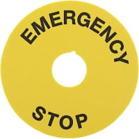 EAO Accessory, E-Stop Legend Plate, EMERGENCY STOP, Plastic, Yellow, D=90mm x 1mm