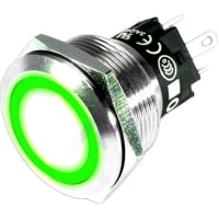 EAO Pushbutton Switch, 16mm, Steel, Flat, MOM, 12VAC/DC Green LED Ring, 5A, 250VAC, Solder