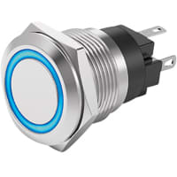 EAO Pushbutton Switch, 16mm, Steel, Flat, MAINT, Blue Ring, 5A, 250VAC, Solder, 82 Series