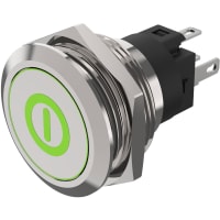 EAO Pushbutton Switch, Illuminated, Mom., 24V DC, Stainless Stl, ON/OFF - GRN